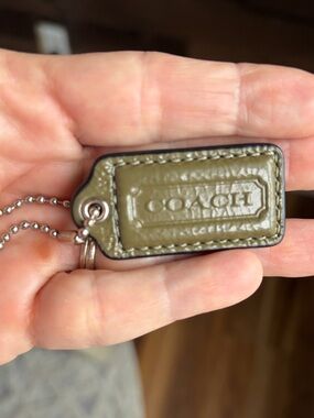 COACH Olive Green Leather Tag Keychain with Silver Ball Chain